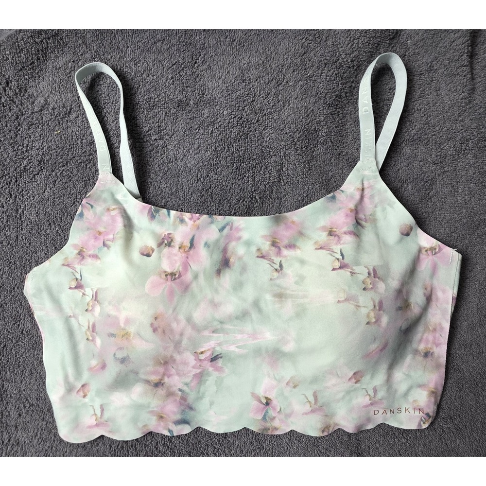 Danskin Intimates L Floral Bralette Wireless Scalloped Longline Bra Mint Pink